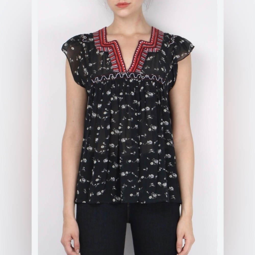 Ulla Johnson Top 100% Silk Embroidered Floral Anosha Women 8 Flutter Sleeve Boho